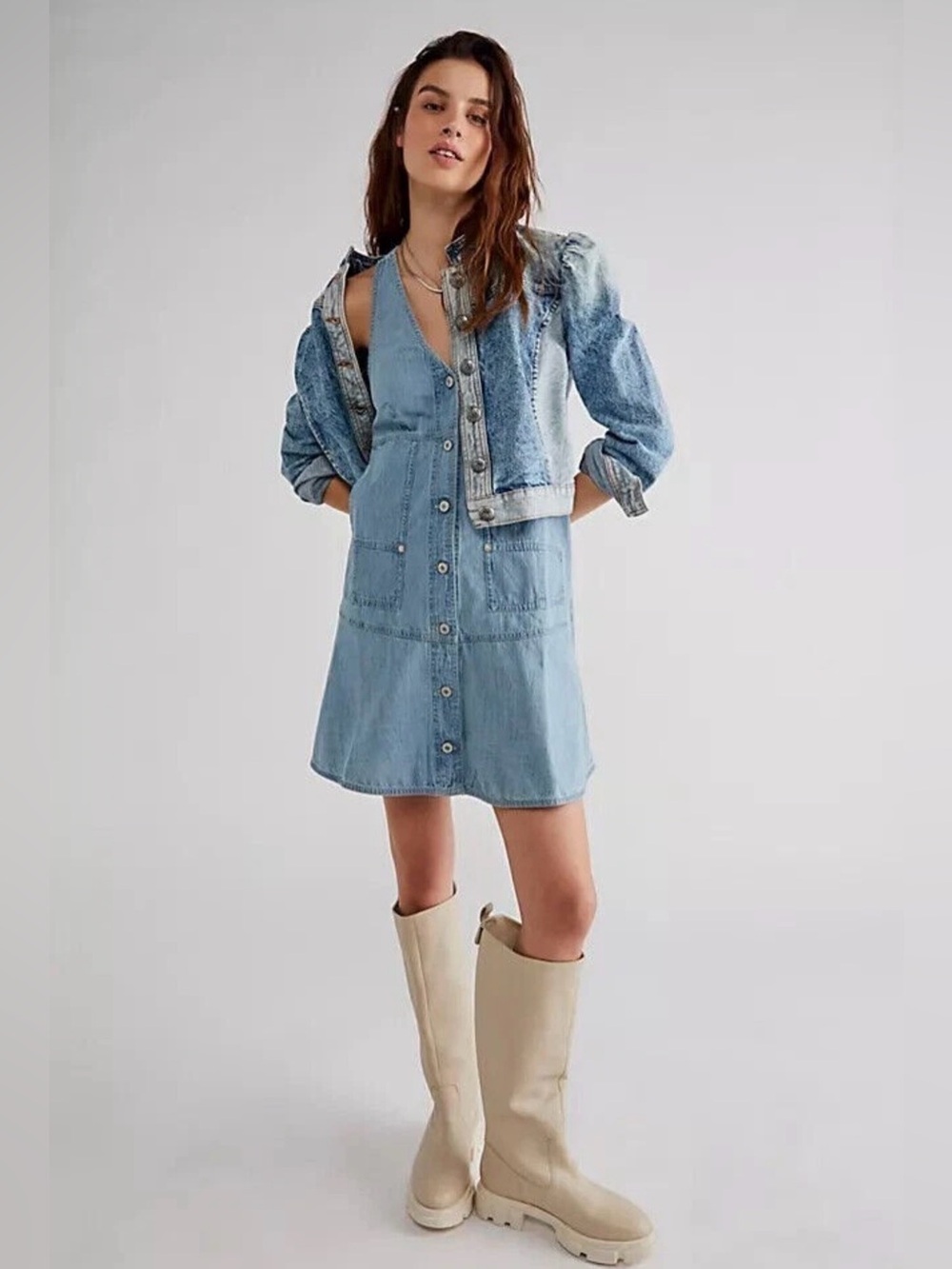 Free People We The Free Pocket Full of Sunshine Denim Mini Dress Size Medium